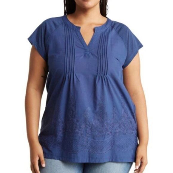 Liv Los Angeles 100% Cotton Navy Pleated Embroidered Tunic NWT Plus Size 3X - Picture 1 of 7